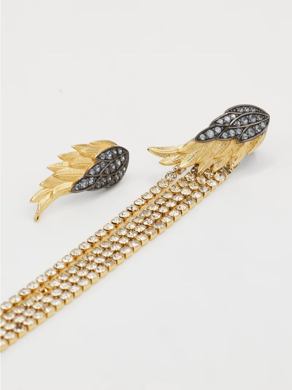 Zadig & Voltaire Gold and Gunmetal Wing Drop Earrings with Crystal Fringe